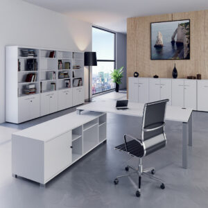 Bureau de direction Atria blanc avec pieds arche finition aluminium