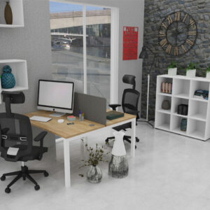 Bureau Bench 2 personnes ALYA plateau Nebraska pied blanc avec écran frontal