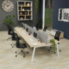 Bureau Bench 6 personnes Paris pieds trapèze piétement blanc plateau chêne fil