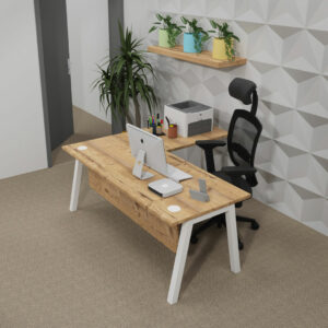 Bureau individuel finition Timber piétement blanc Paris avec retour et voile de fond