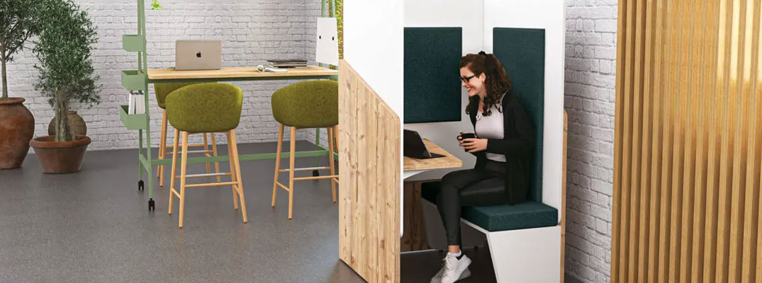 Femme travaillant dans une alcôve acoustique avec assise confort et isolation phonique